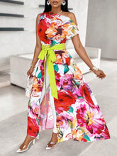 Lady Floral Print Asymmetric Neckline Blouse With Split Hem And Tie-Front (Random Floral Print)